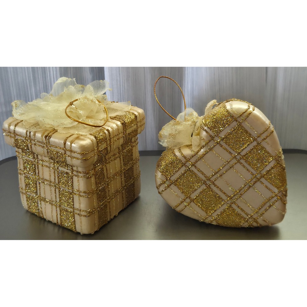 Gold Glitter Plaid Christmas Ornaments Set 2 Heart & Square Gift Box Champagne